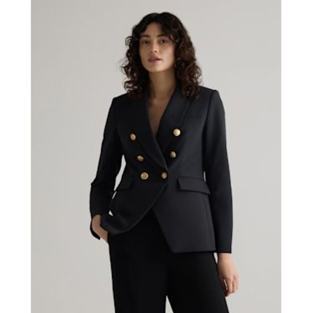Quince Black Double-Breasted Blazer with Gold Buttons
